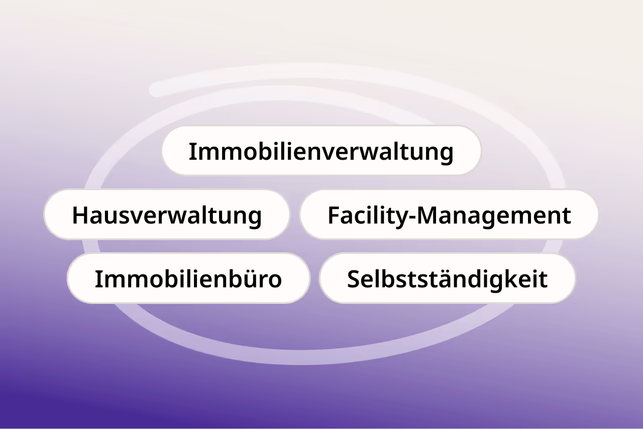 Sprechblasen mit Berufen aus den Bereichen Immobilien und Verwaltung, darunter Immobilienverwaltung, Hausverwaltung, Facility-Management, Immobilienbüro und Selbstständigkeit, auf einem violetten Hintergrund mit Farbverlauf.